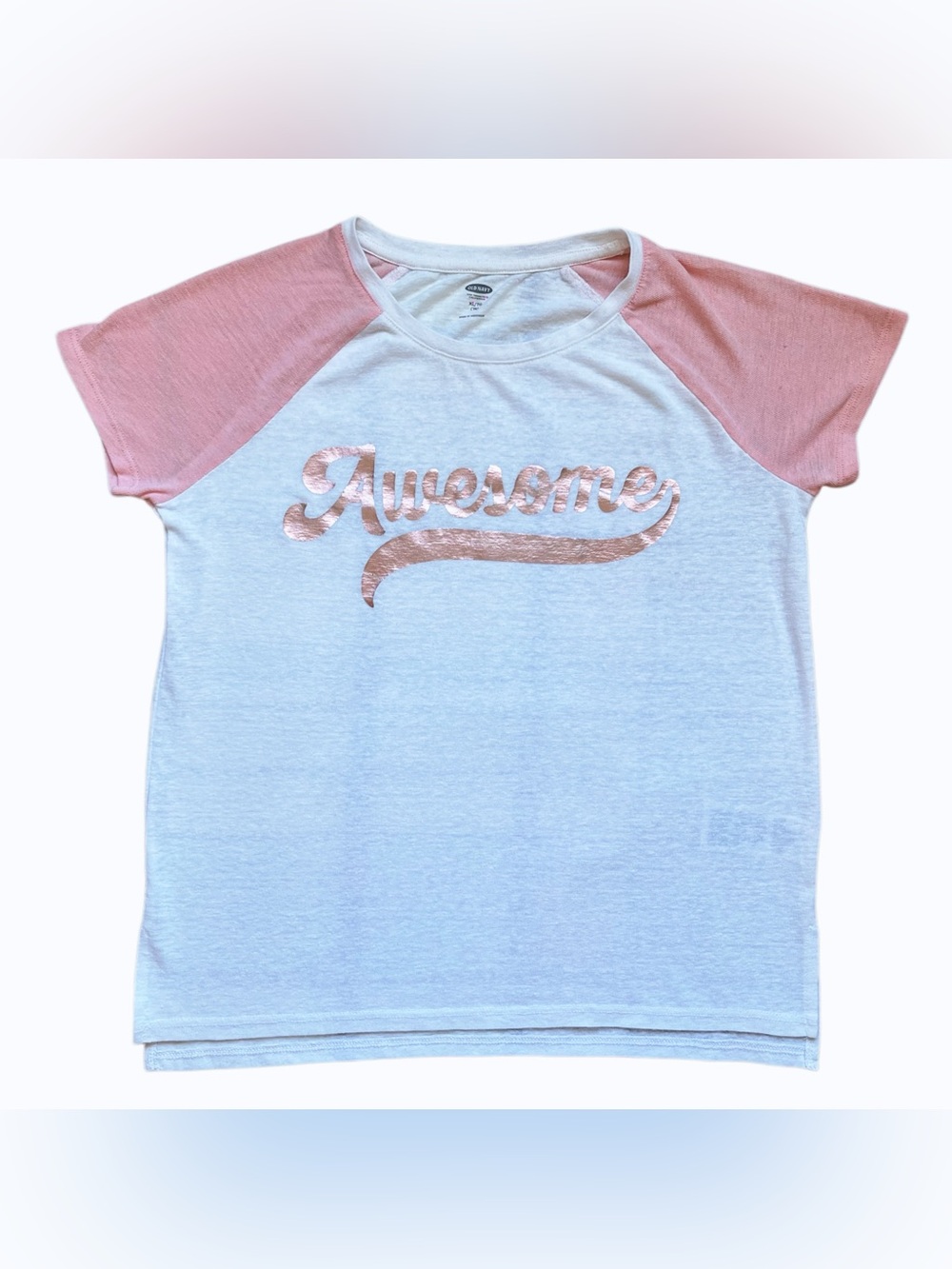 Old Navy Girls’ XL 14 White Pink Raglan Sleeve T-Shirt Short Sleeve Tee Top NWOT